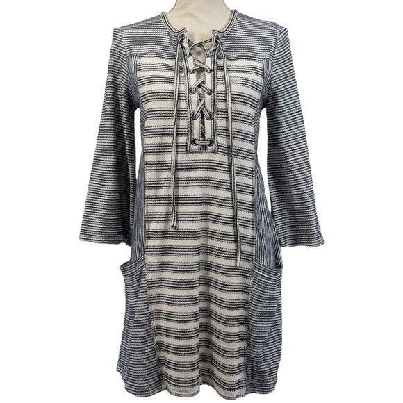BCBGMaxAzria Lani Lace Up Front Embroidered Striped Knit Tunic Dress Womens S - Picture 1 of 14